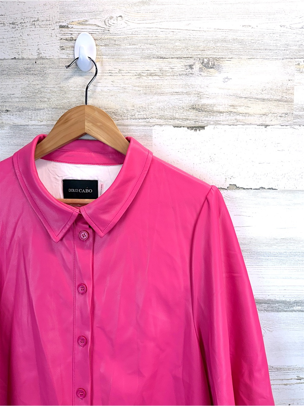 Dolce Cabo Pink Faux Leather Shirt Dress Puff Sleeve Mini XL - Picture 9 of 13